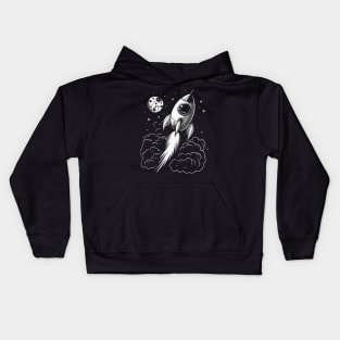 Black and White Rocket Flying into Space || To The Moon Kids Hoodie